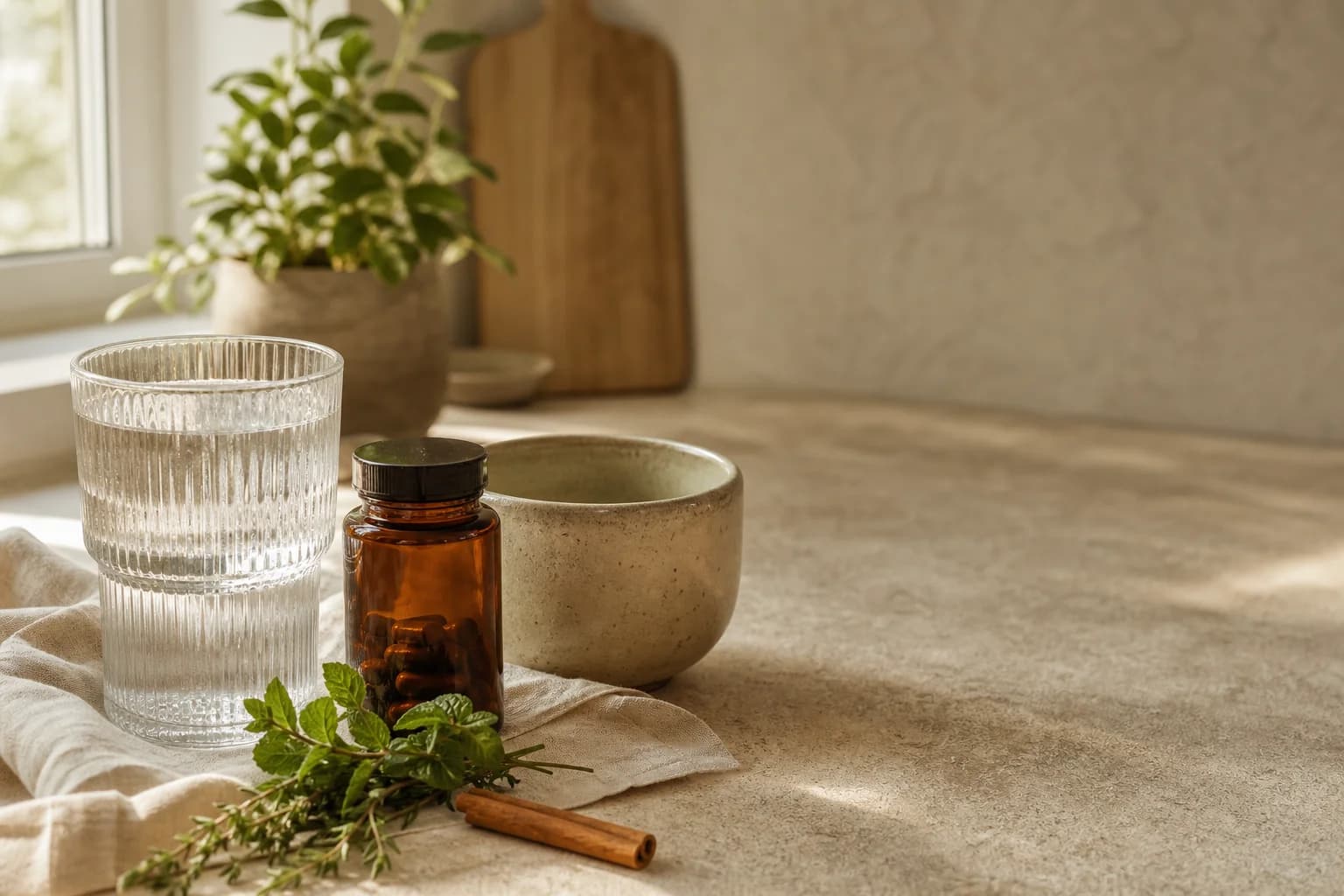 A quiet morning counter with a glass of water
